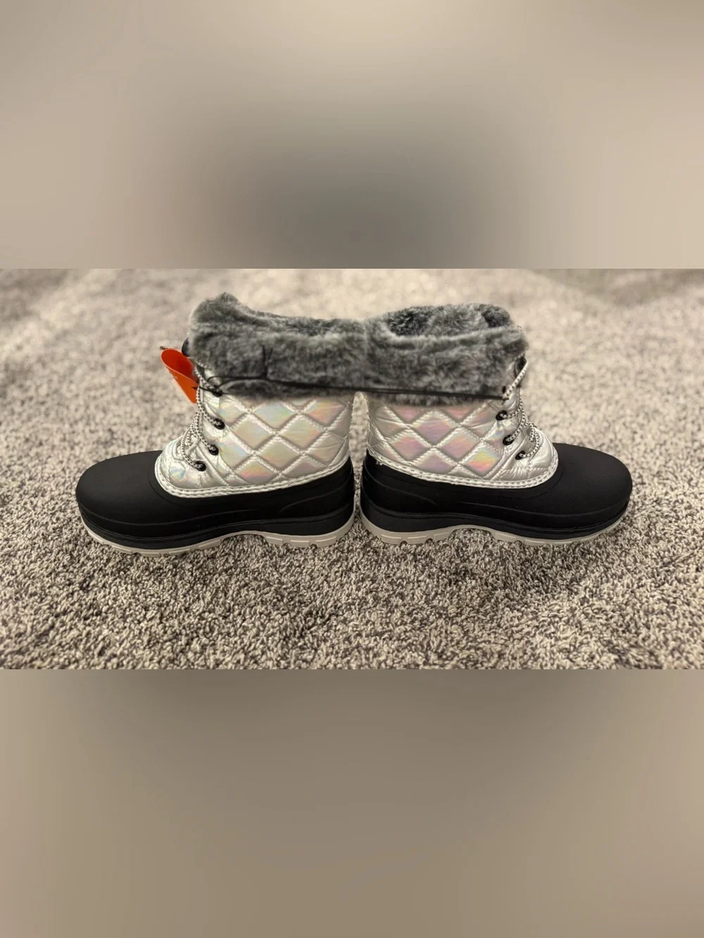 Ozark Trail Kids Holographic Silver and Black Faux-Fur Snow Boots